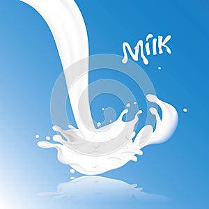 Abstract realistic milk drop with splashes and lettering isolated on blue background. Vector illustration with reflection