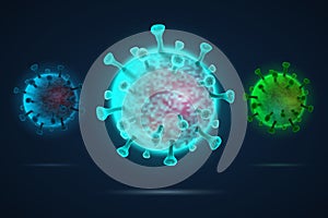 Abstract realistic multicolored 3d viruses isolated on dark blue background.