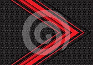 Abstract red arrow 3D direction on dark gray circle mesh design modern futuristic background vector