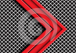 Abstract red arrow direction overlap on grey metal square mesh design modern futuristic background vector