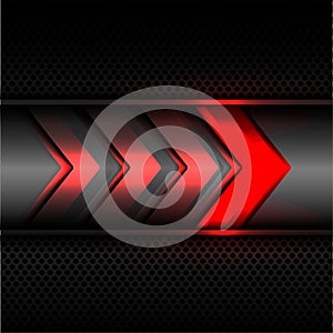 Abstract red arrow power light technology on dark gray metal circle mesh design modern futuristic background texture vector.