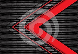 Abstract red arrow speed direction on dark gray hexagon mesh design modern futuristic background texture vector