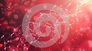Abstract red background with connecting dots and lines. Network connection structure. Plexus effect.  Science, technology, and