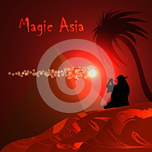 Abstract red background. Desert, pyramid, bedouin, red night. Magic Asia.