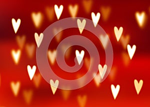 Abstract red background with golden heart shaped bokeh lights