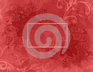 Abstract red background with layers of abstract flowers and curl flourishes and blank text box