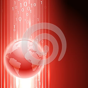 Red background with binary code to the globe.