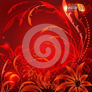 abstract red backround with ornamental flowers curls and halfrone