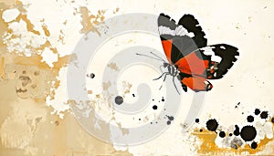 Abstract Red and Black Butterfly on Aged Background with ink splatters and cursive handwriting