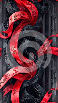Abstract Red and Black Ribbons Flowing Art