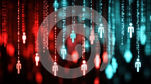 Abstract red and blue binary code background, digital technology data security concepts