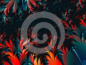 Abstract red and blue floral, nature pattern on dark background. Fractal backdrop with copy space for text or logo