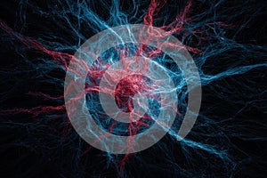 Abstract Red and Blue Neural Network Visualization on Black Background.