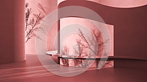 Abstract red colored empty concrete interior, grunge background with round and curved structures, light and tree shadows, bench