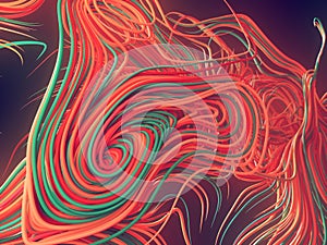 Interlacing abstract red colored curves. Computer generated geometric pattern. 3D rendering