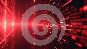 Abstract red digital stream data flow. Binary code background with glowing particles, tech concept for cyber security and data