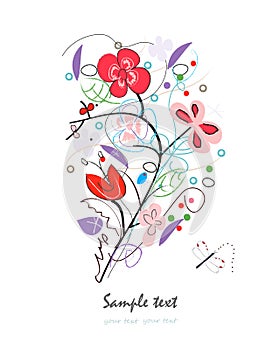 Abstract red floral doodle decorative greeting card vector