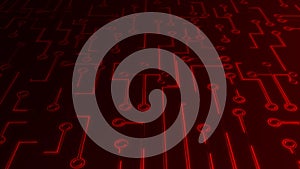 Abstract red glowing circuit board background with a digital sci-fi tech pattern on dark surface