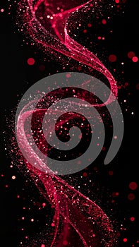 Abstract red glowing particles forming a swirling wave on a dark black background