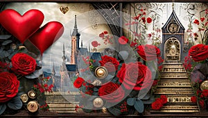 abstract with red heart as steampunk style background frame