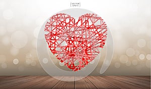 Abstract red heart floating over wooden texture background with light blurred bokeh. Vector