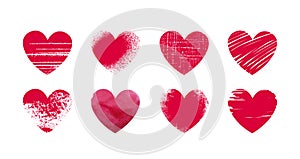 Abstract red heart, grunge. Set icons or logos on theme of love, wedding, health, Valentine`s day. Vector illustration