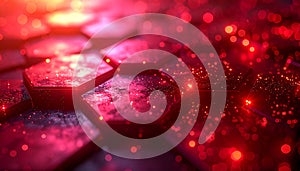 Abstract Red Hexagonal Grid with Glowing Particles and Bokeh Lights background