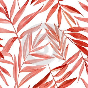 Abstract red leaves. Artistic seamless pattern watercolor, tropical flora for textiles and decoration. Hand drawn plants