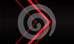 Abstract red neon arrow direction on black metallic circle mesh pattern design modern futuristic background vector