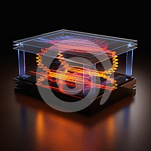 Abstract red neon colors chain in laboratory box. Light model hologram, medical science or technology background