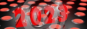 Abstract red number 2023 On glowing Speaker Wall Panorama background 3D rendering