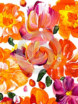 Abstract red and orange flowers, original hand drawn, impressionism style, color texture, brush strokes of paint