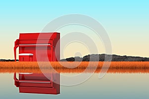 Abstract Red Piano Standing in Autumn Long Grass on a River Bank. 3d Rendering