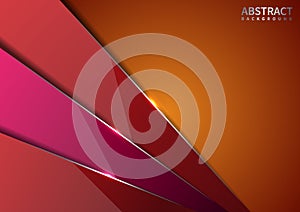 Abstract red and pink diagonal overlapping layers glossy on orange background with shadow with silver line modern style with copy