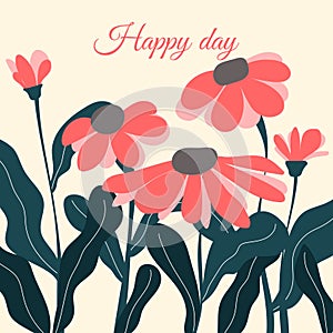 Abstract red and pink flower. Vintage colors floral background. Hand drawn summer modern plants.