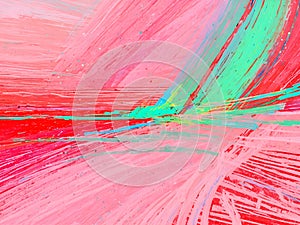 Abstract in red, pink, and green. A close-up view of an abstract artwork featuring a vibrant combination of red, pink, and green