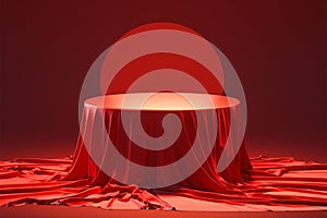 Abstract red podium cover shrouds mystery object, textured rendering