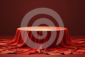 Abstract red podium cover shrouds mystery object, textured rendering