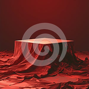 Abstract red podium cover shrouds mystery object, textured rendering