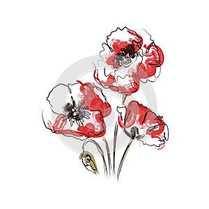 Abstract Red Poppy flowers. The effect of red gouache stains. Contemporary floral art style. Suitable for posters, logos