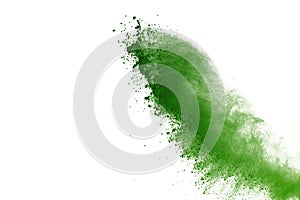 Abstract Red powder splatted background,Freeze motion of red powder exploding/throwing green dust.