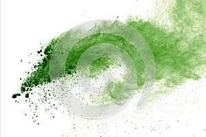 Abstract Red powder splatted background,Freeze motion of red powder exploding/throwing green dust.