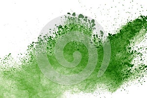 Abstract Red powder splatted background,Freeze motion of red powder exploding/throwing green dust.