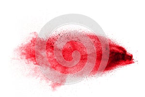 Abstract red powder splattered on white background.