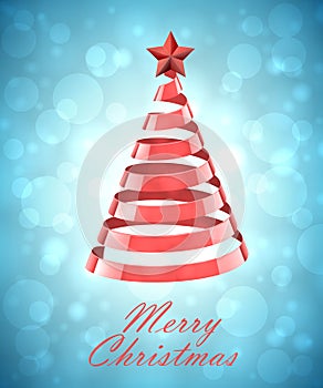 Abstract Red Ribbon Christmas Tree On Blue Background