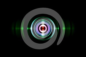 Abstract red ring with sound waves oscillating green light, technology background