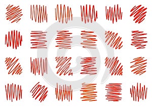 Abstract red scribbles and patterns isolated on white background