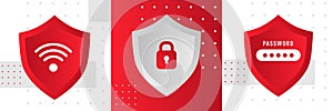 Abstract red security concept with shield. Cyber password security illustration.