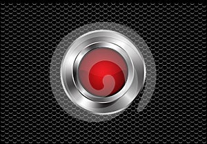 Abstract red silver button circle power on dark metallic hexagon mesh design modern futuristic background vector