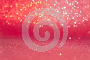 Abstract red sparkling bokeh background. Top horizontal view
